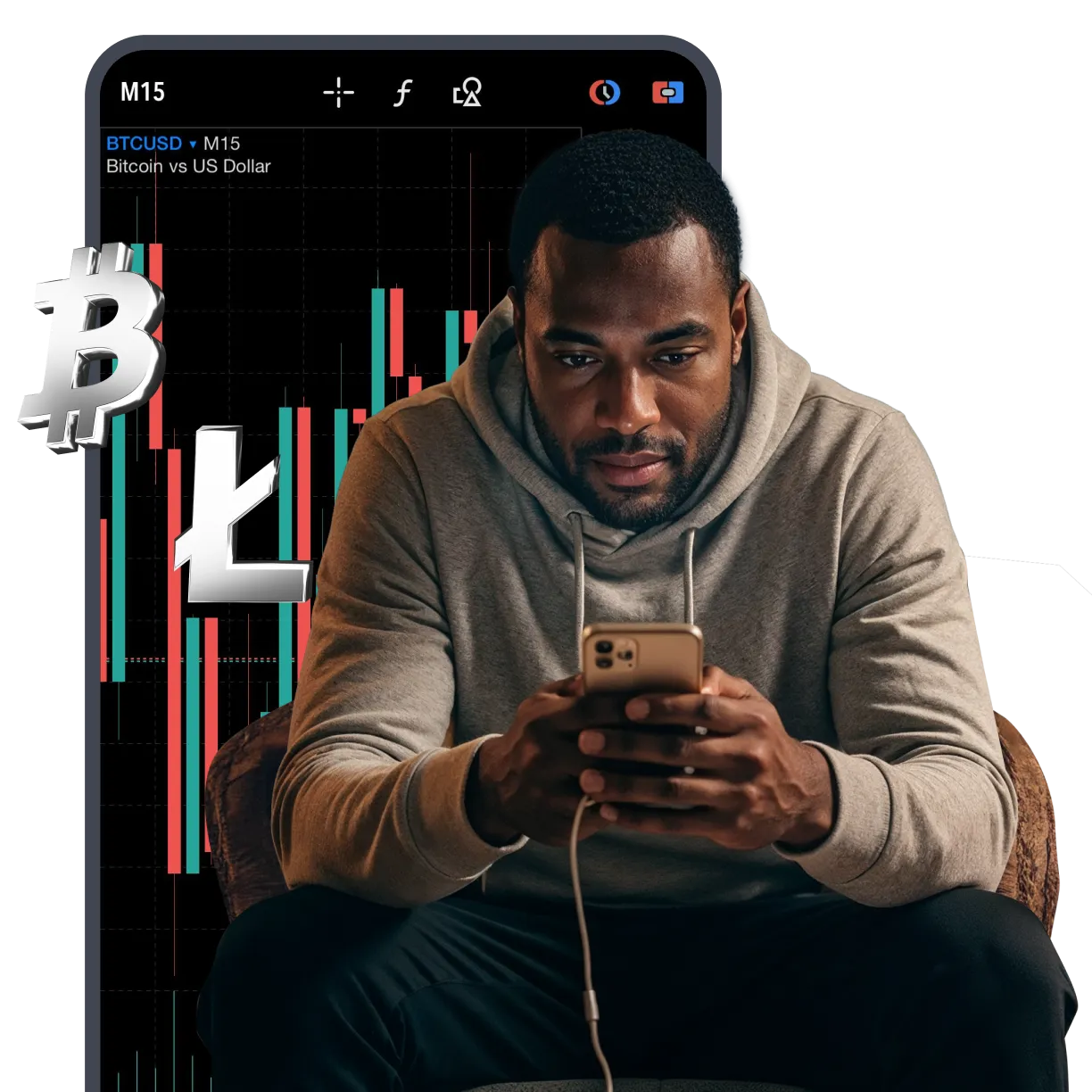 Man trading on smartphone with Bitcoin and Litecoin symbols displayed against crypto price chart background