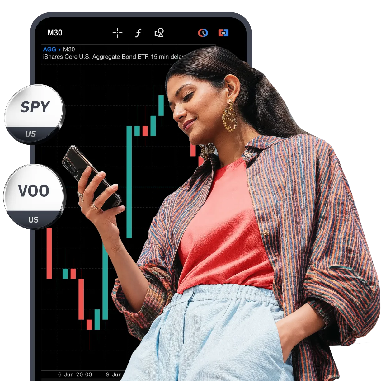 Woman trading on smartphone with stock chart in background and US ETFs SPY and VOO symbols displayed