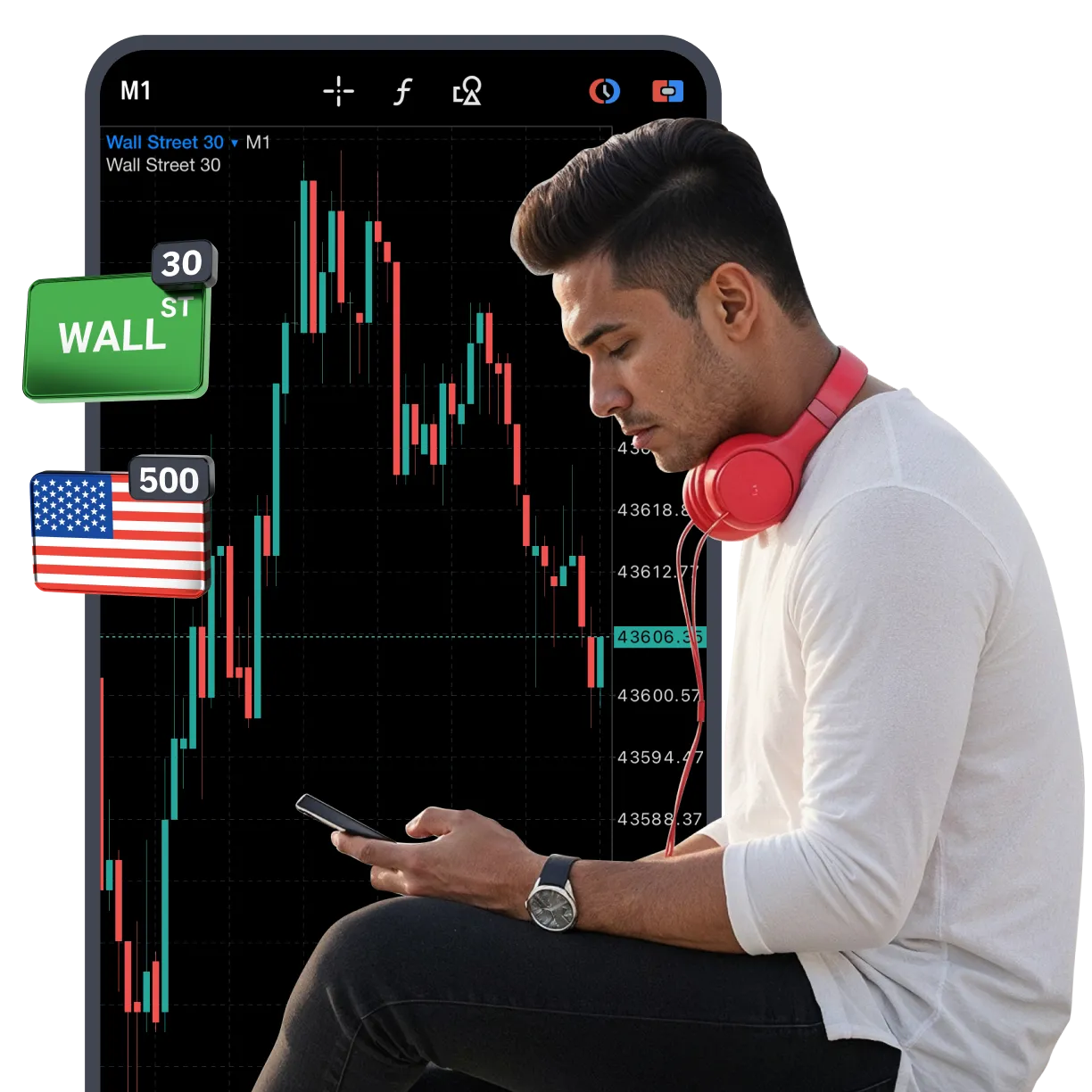 Man trading on smartphone with Wall Street 30 and US 500 indices symbols displayed against stock chart background