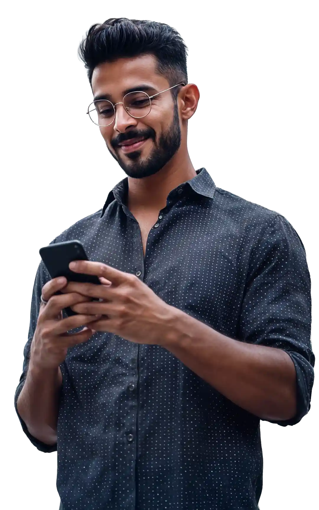 a man smiling and using his phone to trade