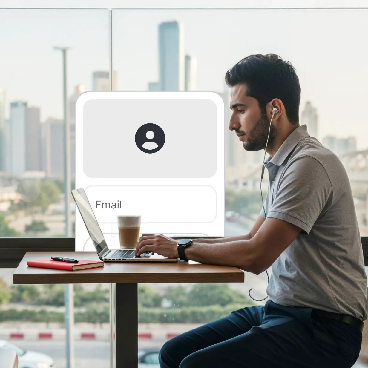 Man signing up for an deriv account on a laptop, showing a simple email and password input form