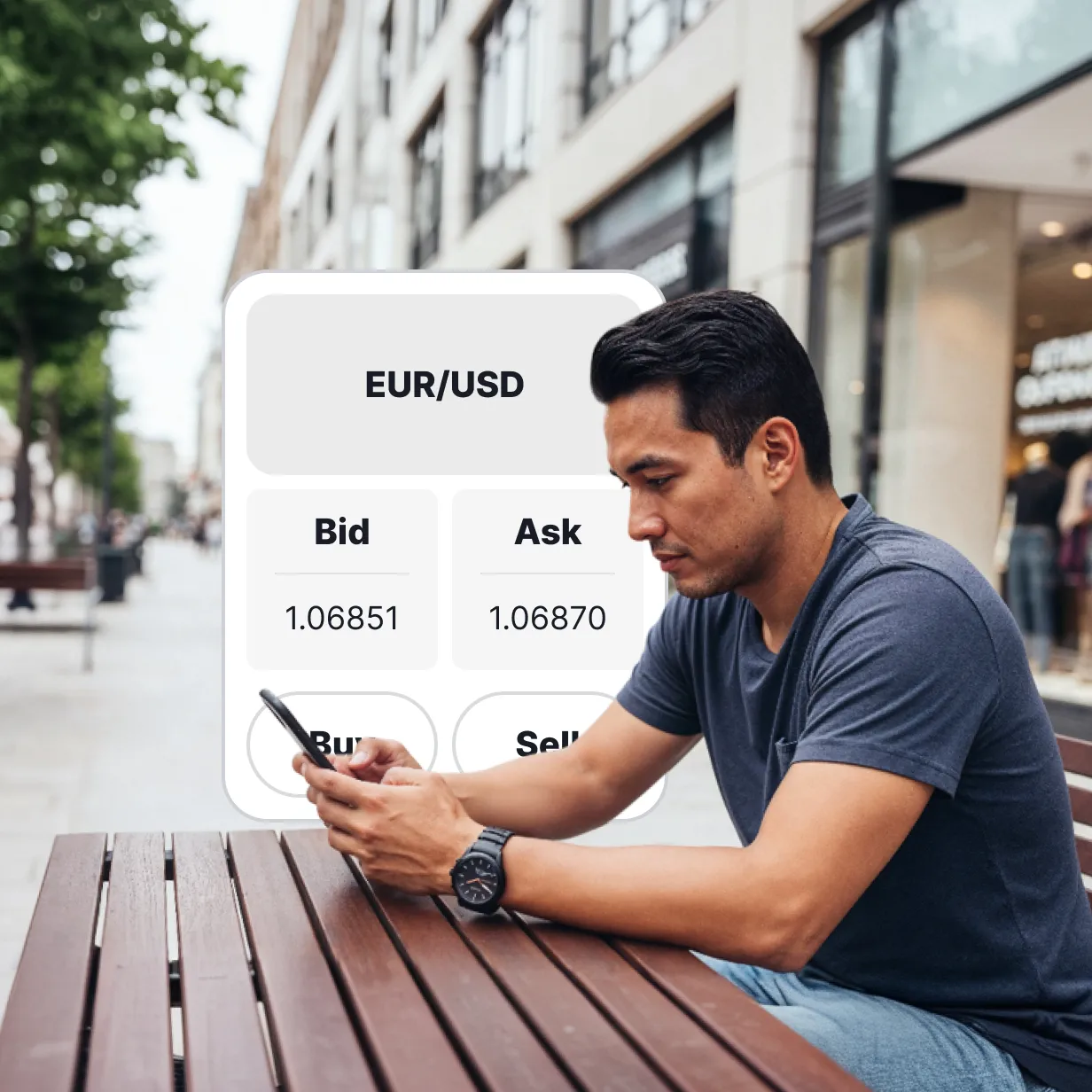 Man trading deriv on a mobile device, displaying a buy and sell interface with bid and ask prices.