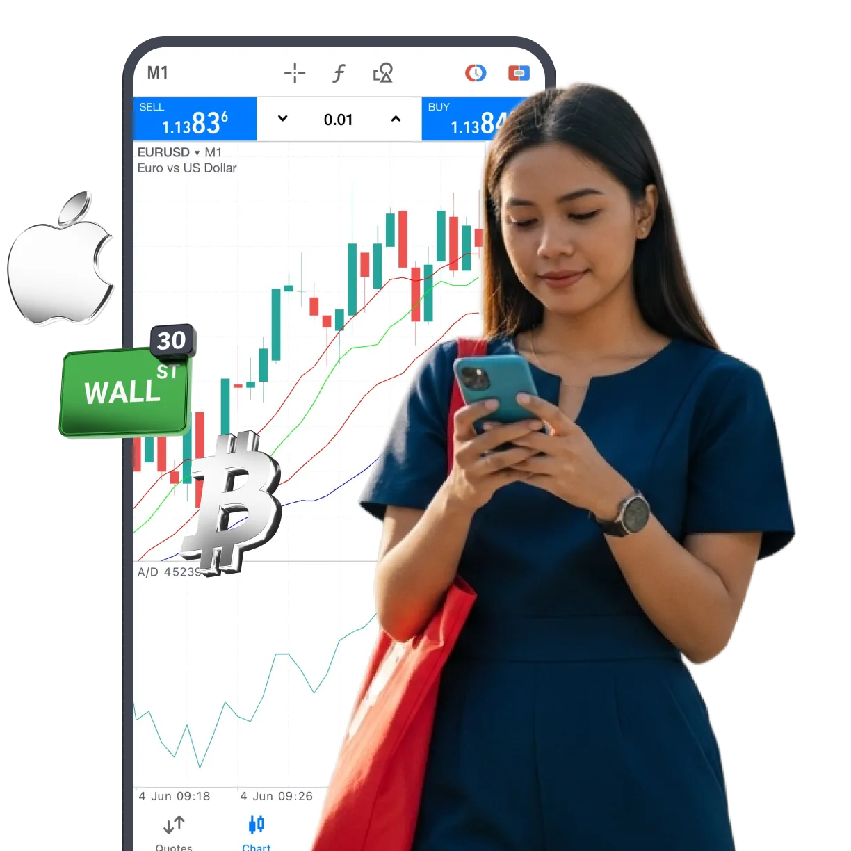 Woman trading CFDs on her cellphone with a forex chart in background and Apple, Wall Street 30, and Bitcoin symbols displayed