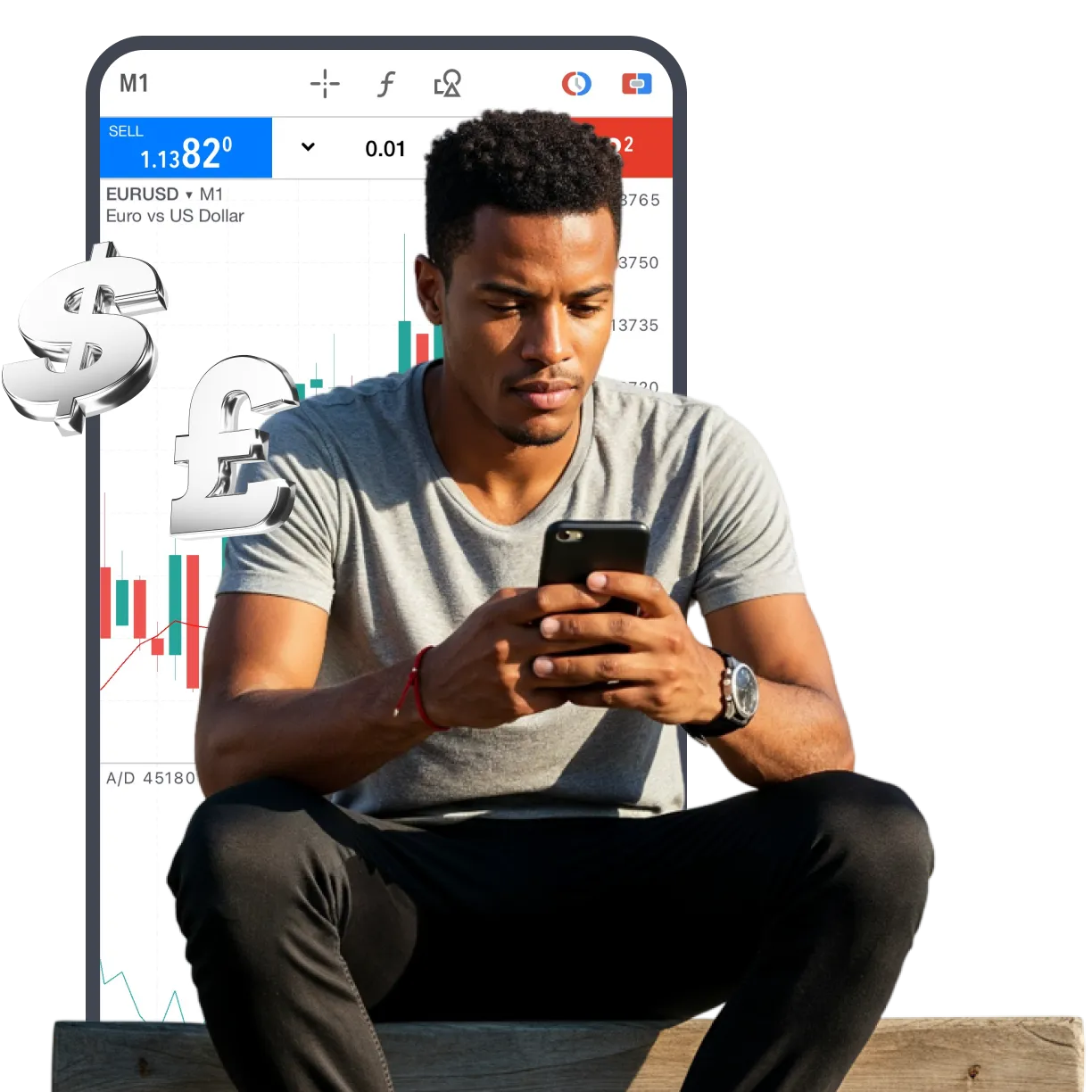 Man trading on smartphone with forex chart in background and dollar and pound symbols floating