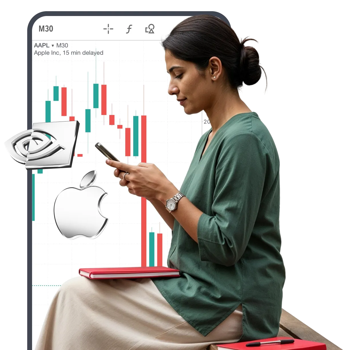 Woman trading on smartphone with gold and silver bars displayed alongside a XAU/USD price chart in background