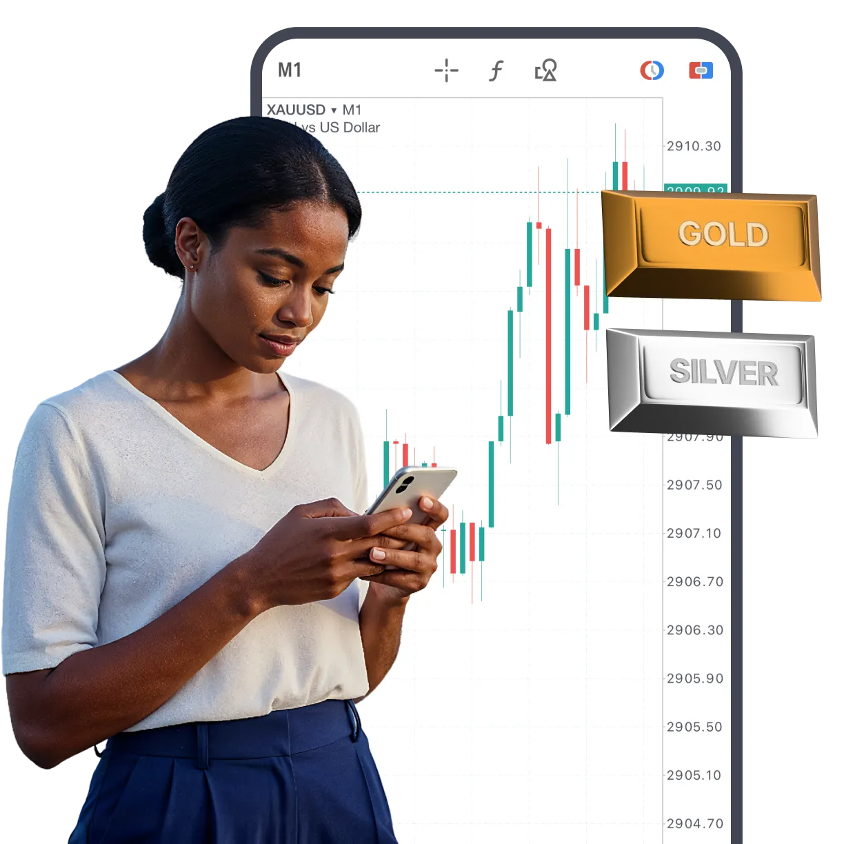 Woman trading on smartphone with gold and silver bars displayed alongside a XAU/USD price chart in background