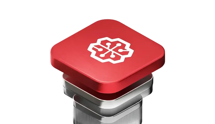 Red 3D block with neural network icon representing Software 2.0 predictive systems - custom ML models and specialized architectures